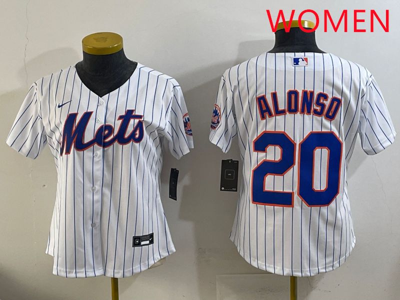 Women New York Mets #20 Alonso White Stripe Game 2025 Nike MLB Jersey style 1->women mlb jersey->Women Jersey